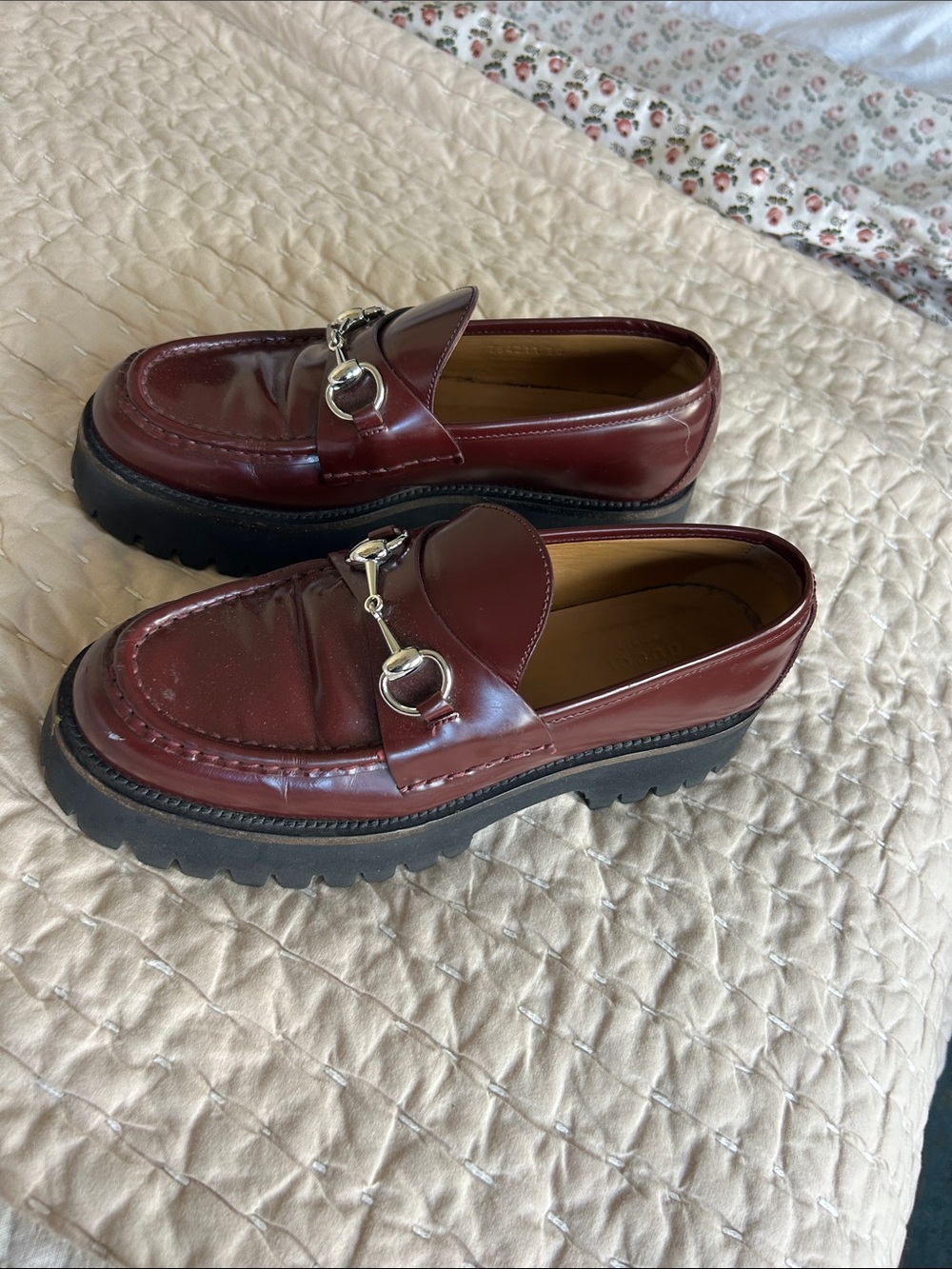 Gucci Women's Burgundy Leather Loafers with Gold Horsebit